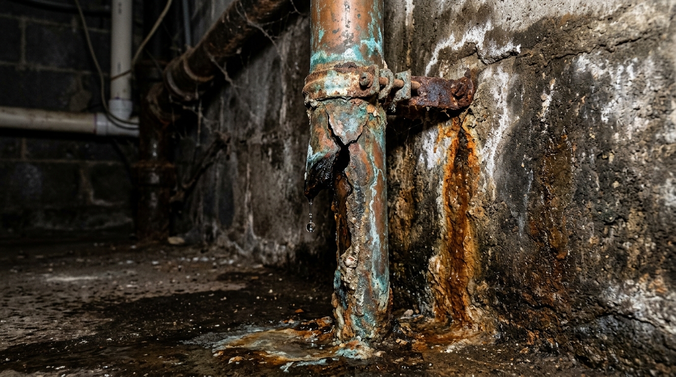Corroded Leaking Foundation Pipe Before Replacement